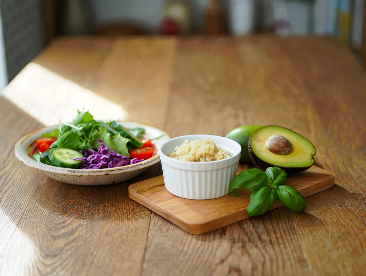 Fresh ingredients arranged on a wooden surface representing balanced daily nutrition