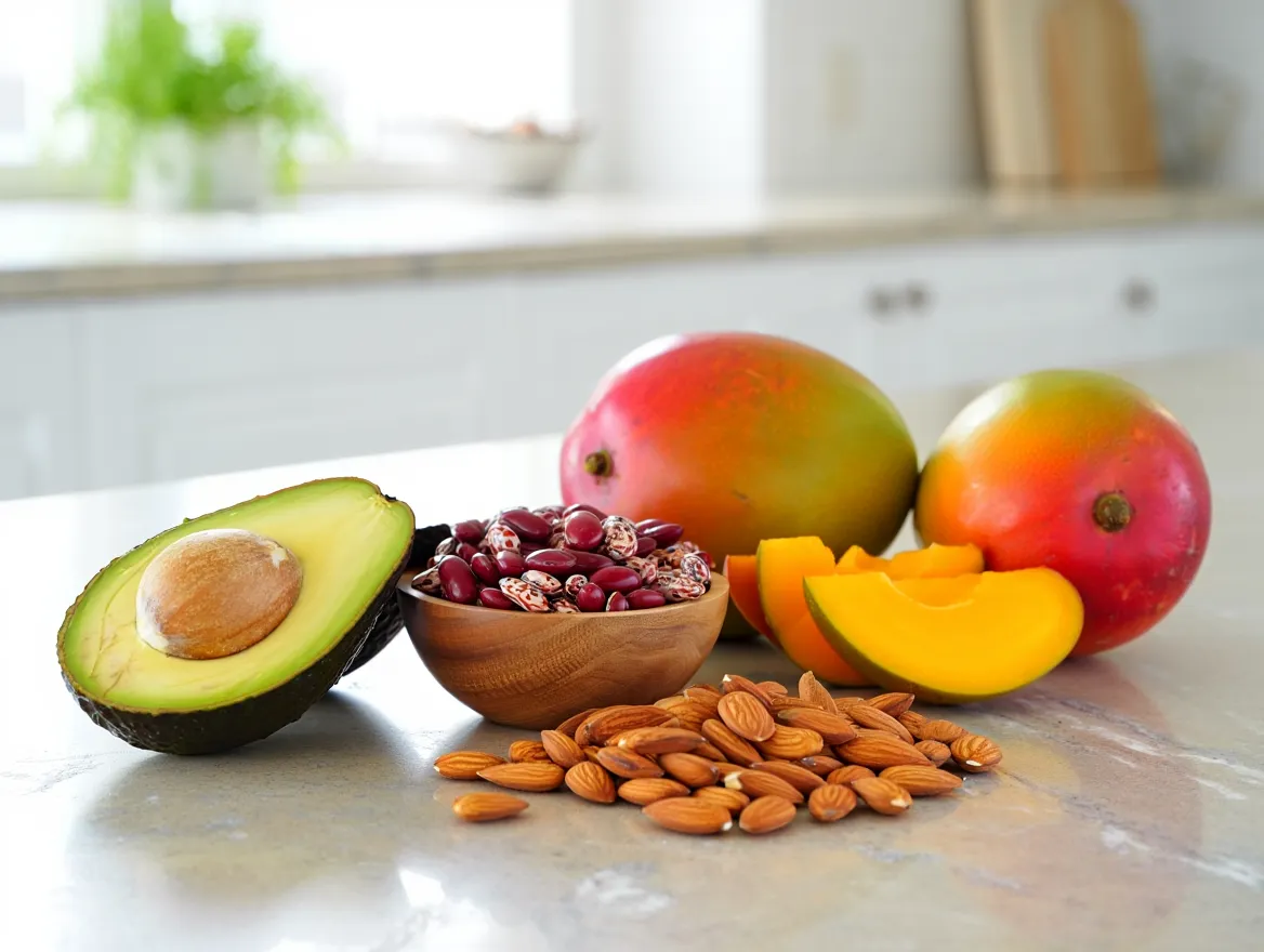 Colorful array of nutrient-dense foods representing sustained energy sources